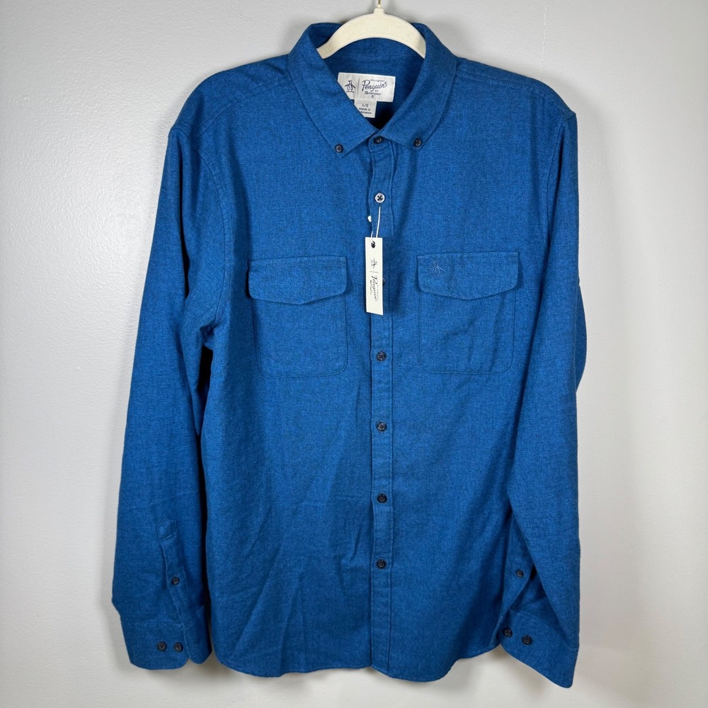 Original Penguin Mens Blue Heather Flannel Button Down Shirt Large NWT NO2294